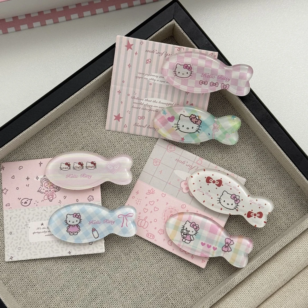 可爱果冻KT猫小鱼发夹卡通格纹波点少女侧边鸭嘴夹日韩夏天风发卡