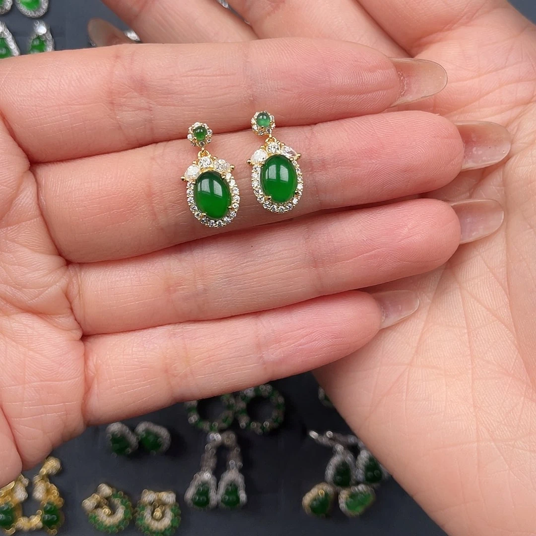 土***鸡翡翠银S925镶嵌耳饰0000