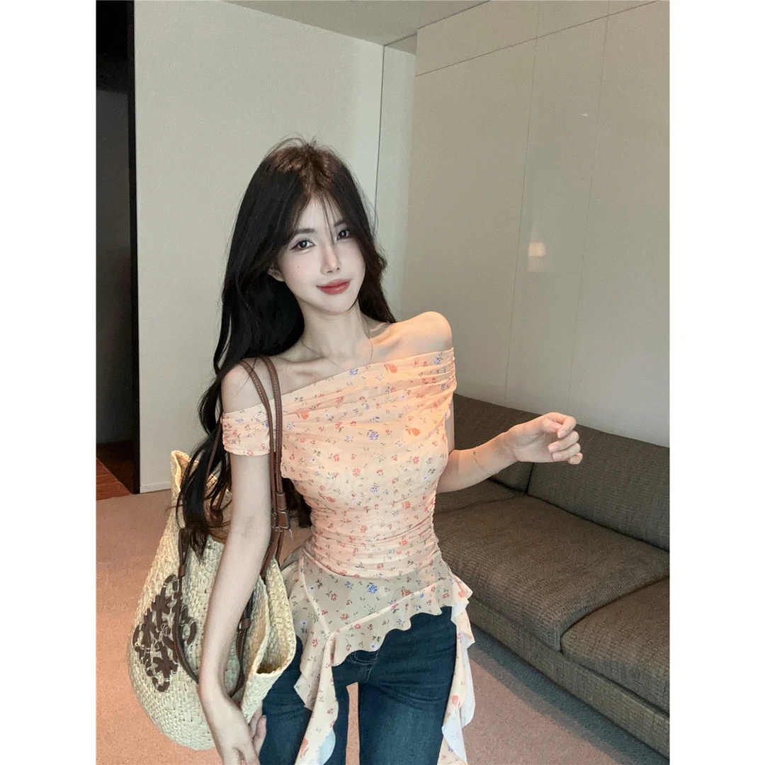 不规则斜肩碎花吊带背心女外穿夏季泰式辣妹一字肩抹胸小上衣绝美