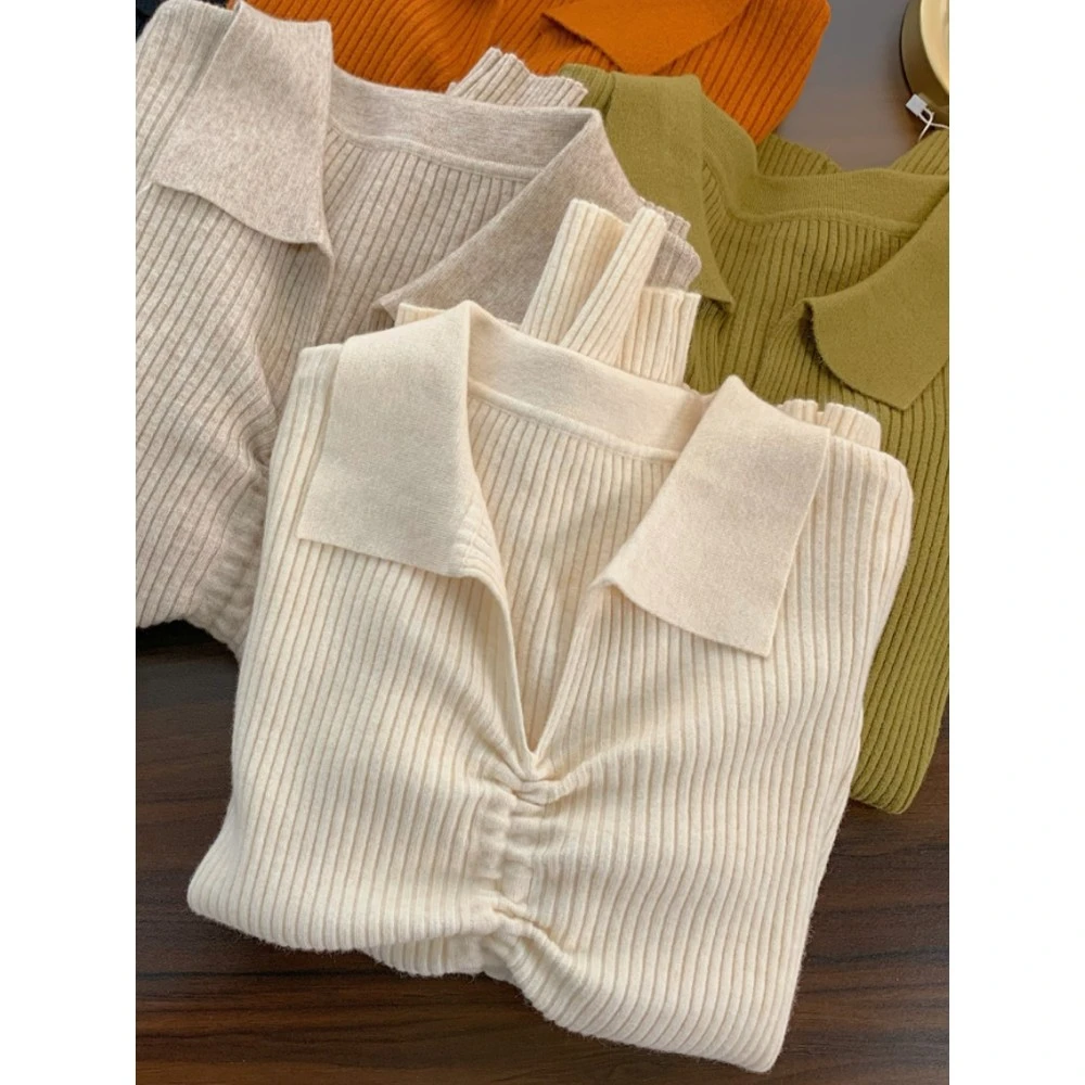 polo翻领毛衣针织衫女春秋2025新款抽绳小香风上衣秋冬长袖打底衫