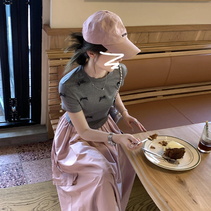 0718韩系穿搭一整套法式高级感蝴蝶结t恤连衣裙子套装女春季新款