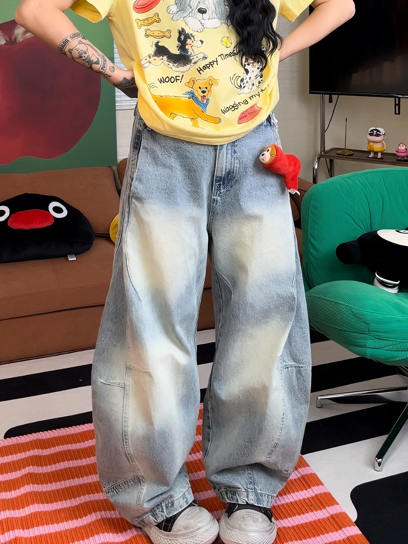 （长腿报恩裤子）美式复古直筒简百搭做旧弯刀裤