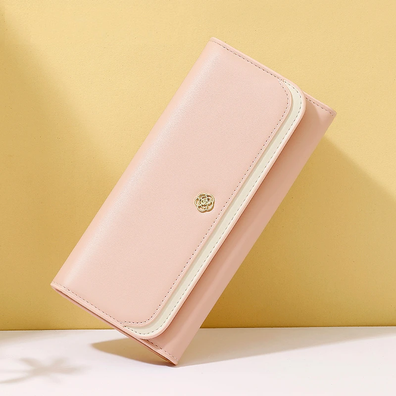 2025新款时尚简约撞色精致山茶花女士长款钱包多卡位三折手拿钱包