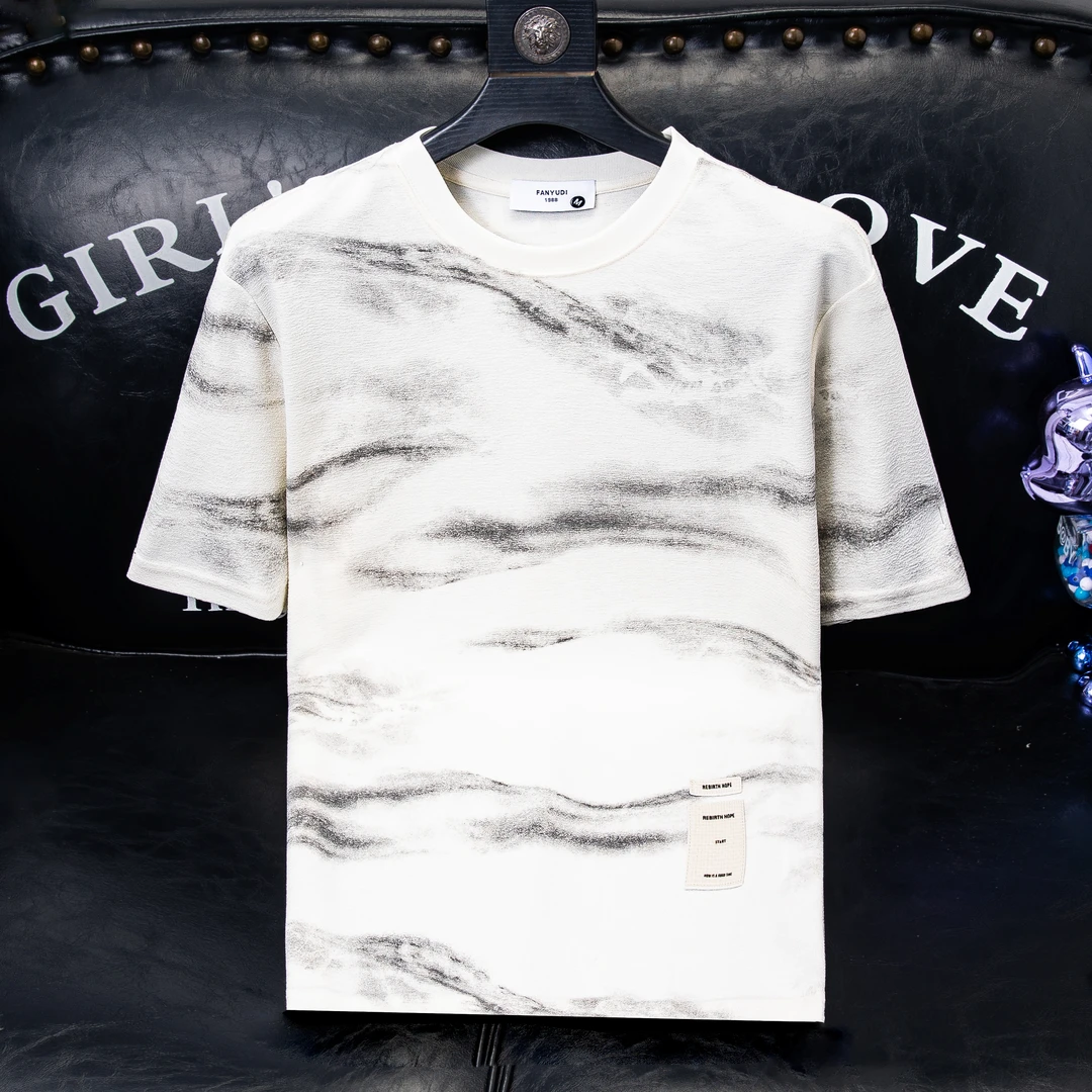 夏季韩版潮流泼墨设计个性印花t恤宽松男士休闲短袖半袖圆领上衣