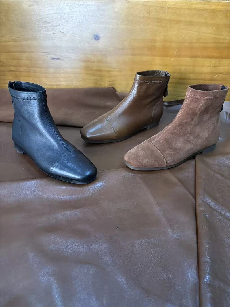 【005短靴】内增跟高5CM韩系复古方头真皮短筒靴百搭洋气时尚短靴