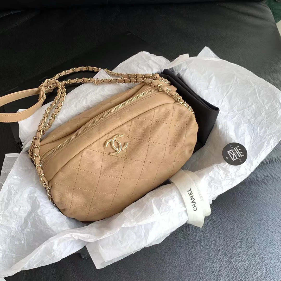 95新 Chanel/香奈儿 奶茶色滚边保龄球包 27cm 15355092