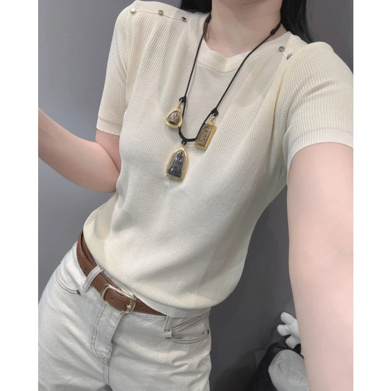 夏新款圆领冰丝针织衫短袖女设计感时尚修身显瘦简约百搭纯色上衣