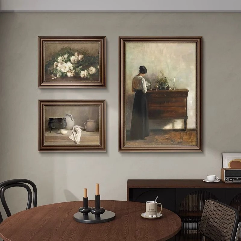 美式玄关复古组合装饰画高级感法式中古风肌理画餐厅挂画