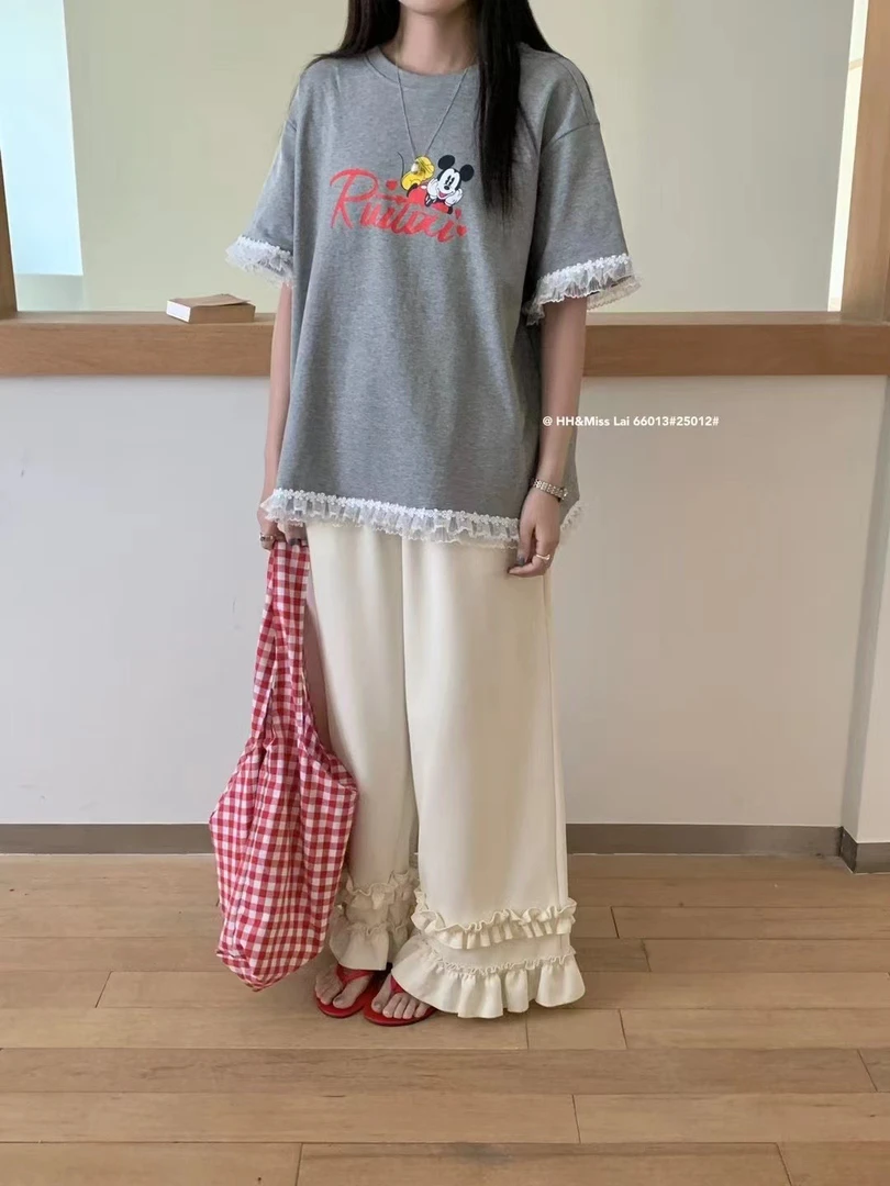韩系趣味卡通印花蕾丝花边短袖T恤女春夏新款圆领百搭减龄上衣ins