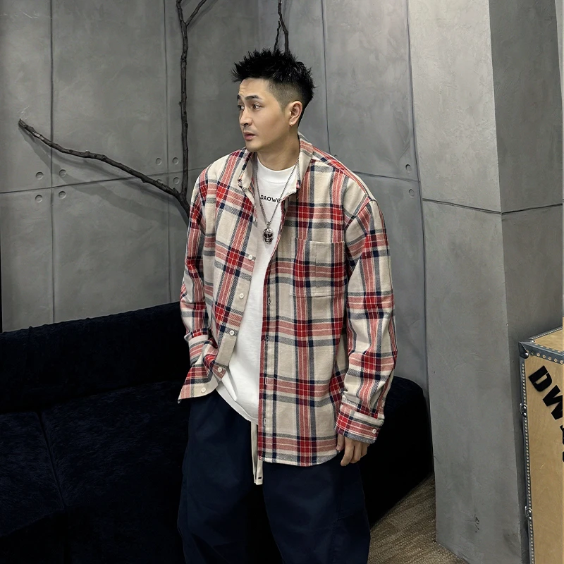 到位男装25ss春季时尚潮流撞色百搭休闲红格子衬衫夹克89322