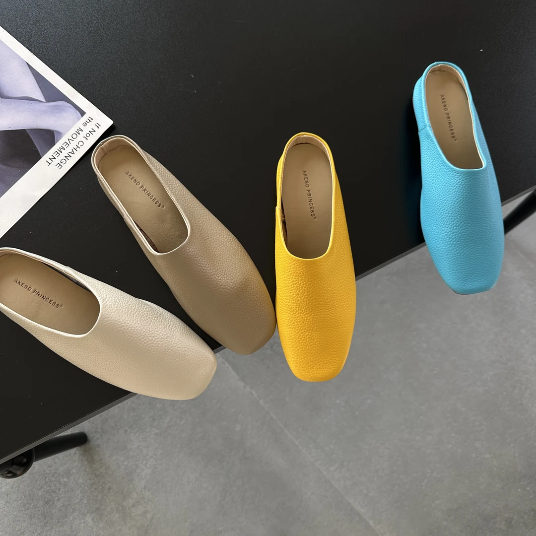 韩版新款很舒服的真皮牛皮包头简约平底时尚百搭拖鞋