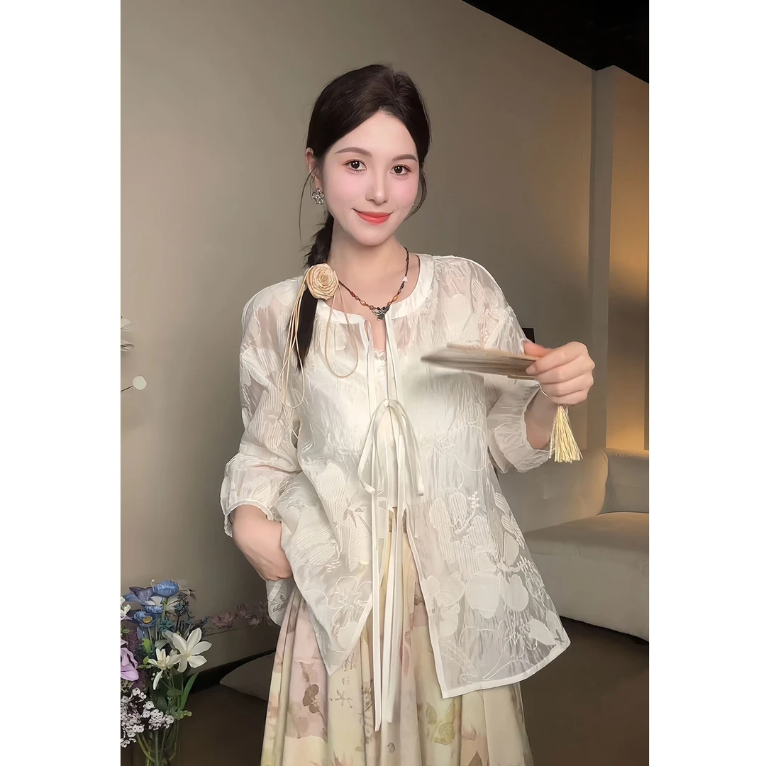YAMM~中袖新中式国风蕾丝刺绣衬衫女宽松显瘦气质衬衣