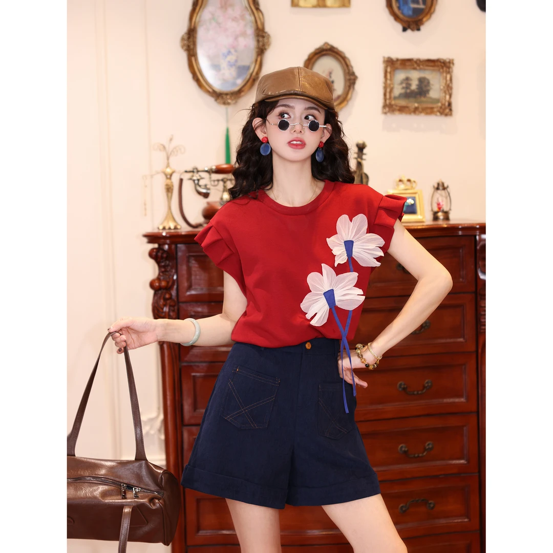 陈大器【花圃】复古立体装饰短袖设计T恤夏季休闲宽松上衣JE0706448