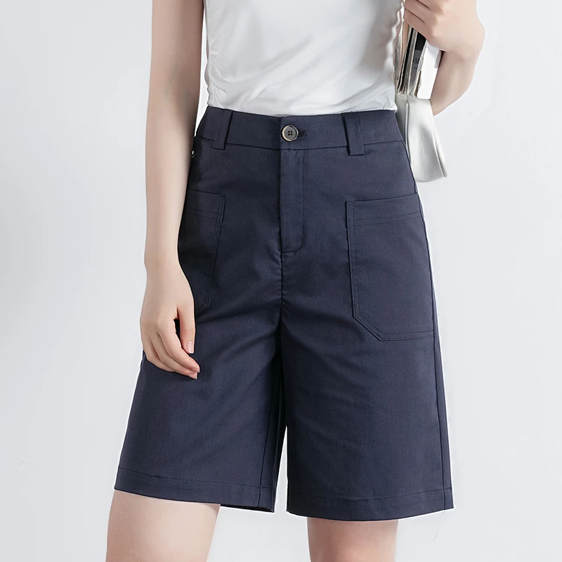 新款藏青五分短裤女高档棉质透气休闲裤夏薄款简约百搭通勤工装裤