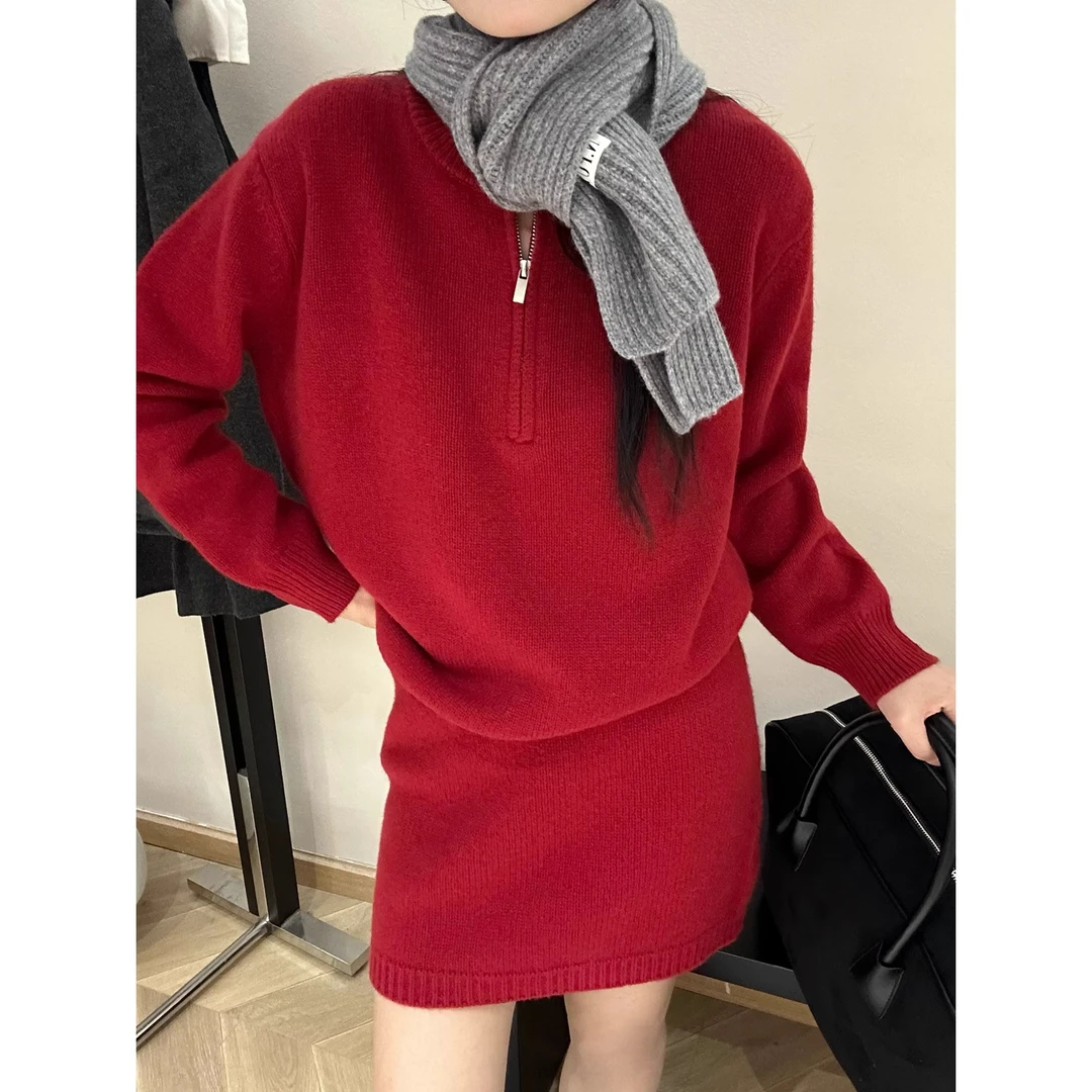 休闲风时尚套装秋冬韩版宽松时尚网红半拉链毛衣ins休闲两件套女