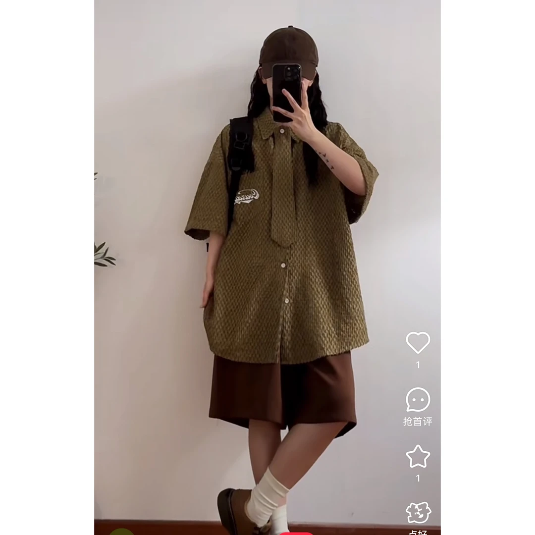 D11#某饱三位数！日系领带编织设计口袋刺绣中性风短袖衬衫