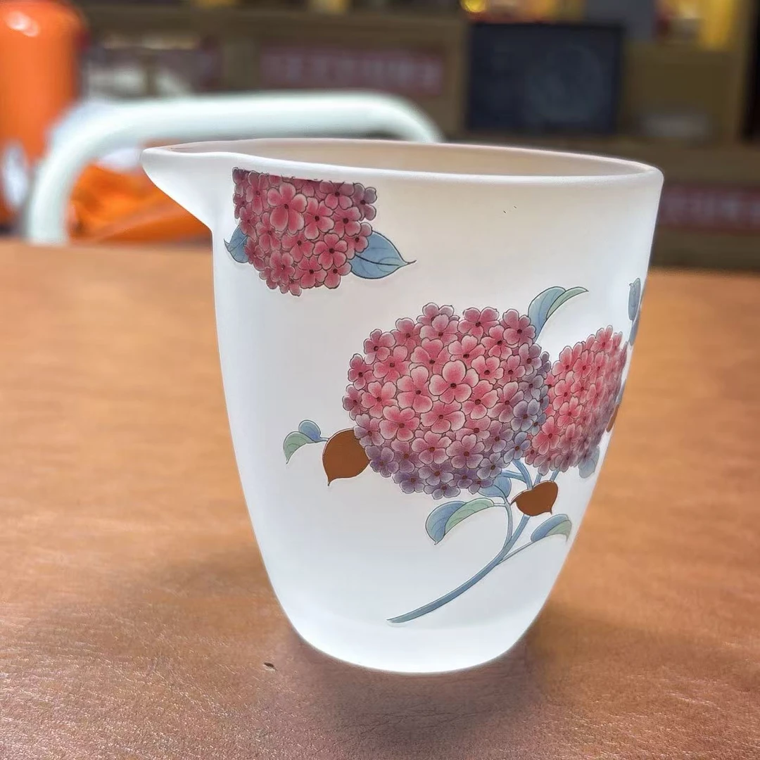磨砂琉璃红绣球花公道1676玻璃陶瓷大号公道杯分茶