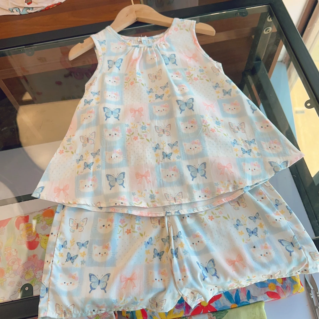 蝴蝶猫短裤棉绸潮童过膝五分短裤裤套装女童家居服外穿套装