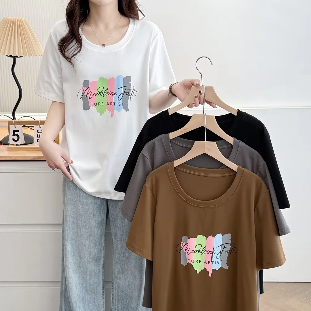 110-200斤大码女装胖mm宽松显瘦藏肉短袖T恤夏款圆领印花百搭上衣