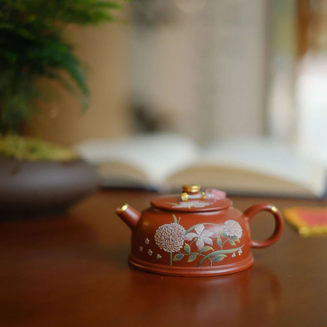 大碗茶器【绣染砂韵】包金·朱泥·扁金钟·160cc·内推球孔手绘花紫砂