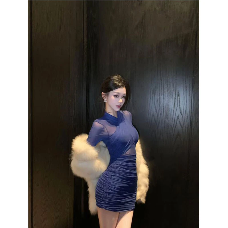2025早春高级感毛毛外套女网纱拼接连衣裙御姐轻熟风包臀裙两件套