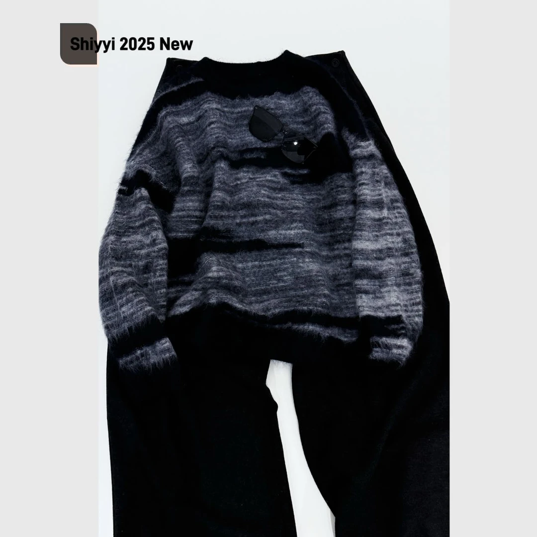 韩版加厚全羊毛毛衣宽松羊毛拉毛衫针织常规款秋冬圆领潮流扎染