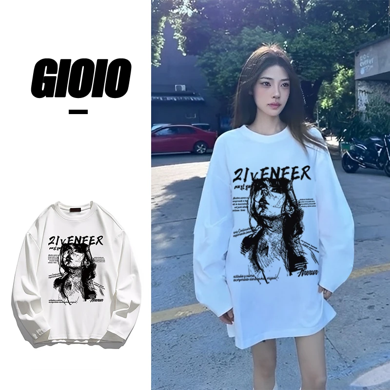 美式时尚印花休闲圆领t恤女秋新款返潮复古宽松显瘦长袖上衣