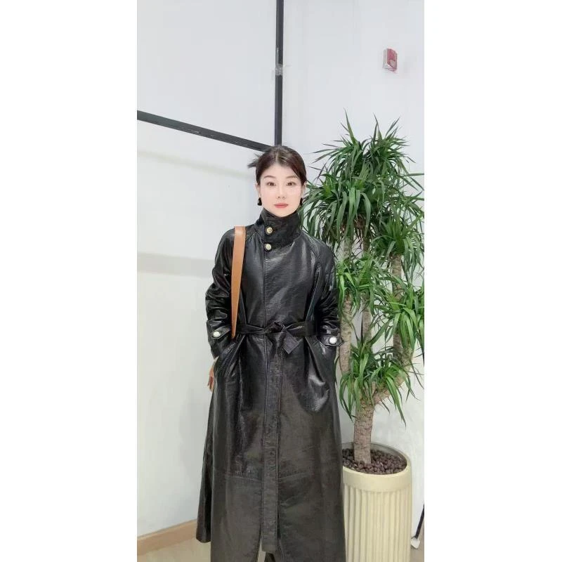 时尚气质立领高腰长款真皮风衣网红休闲百搭女士复古ins春秋18602