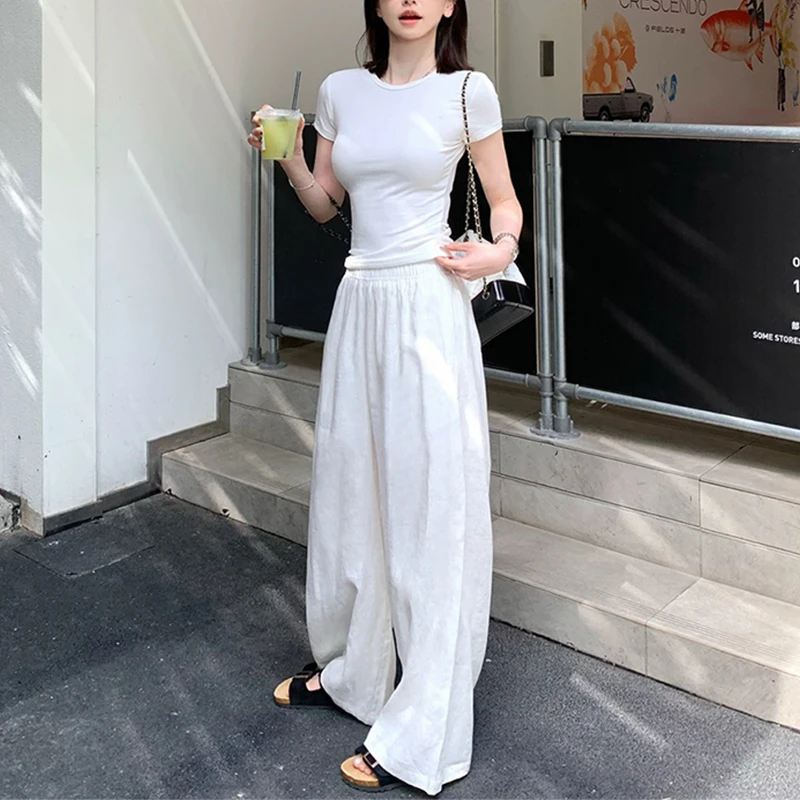 （法式压褶汉麻裤）26002夏季复古气质文艺松紧腰垂感阔腿直筒裤H