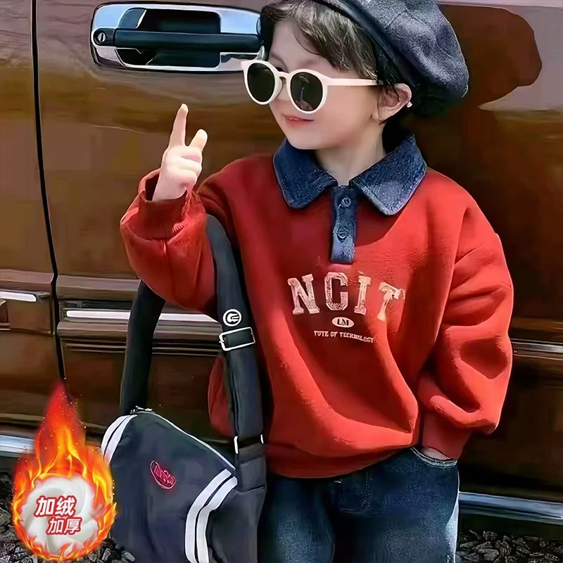 2024冬季儿童韩版男童翻领卫衣加绒加厚洋气喜庆过年服保暖上衣潮