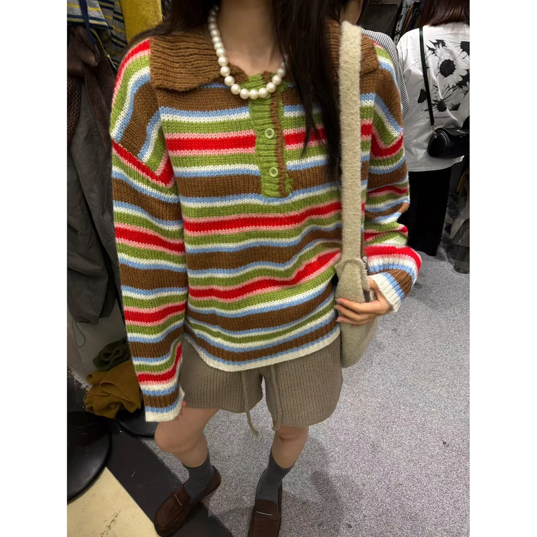 韩版秋冬套头宽松翻领复古条纹拼色半扣长袖针织衫毛衣女POLO衫女