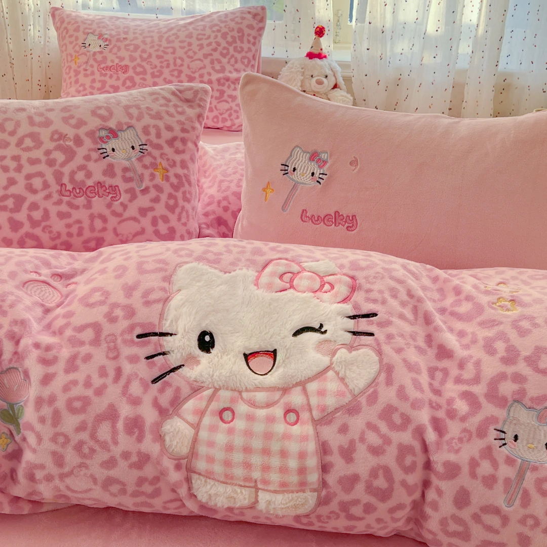 猫咪日记少女风卡通hello喵喵粉豹纹牛奶绒三件套被套保暖四件套