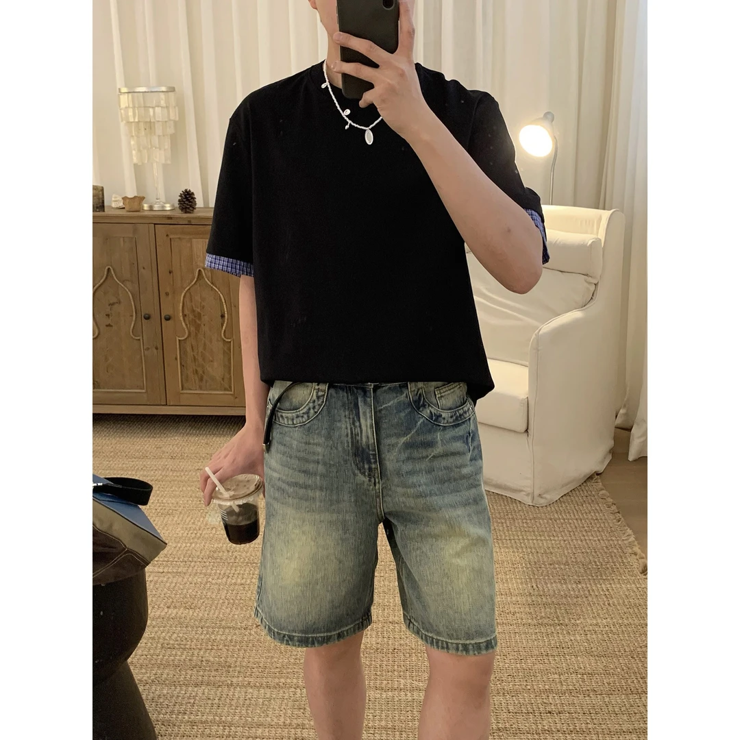 阿茶与阿古黑色拼边短袖t恤男夏季潮流韩版宽松休闲上衣A2504305