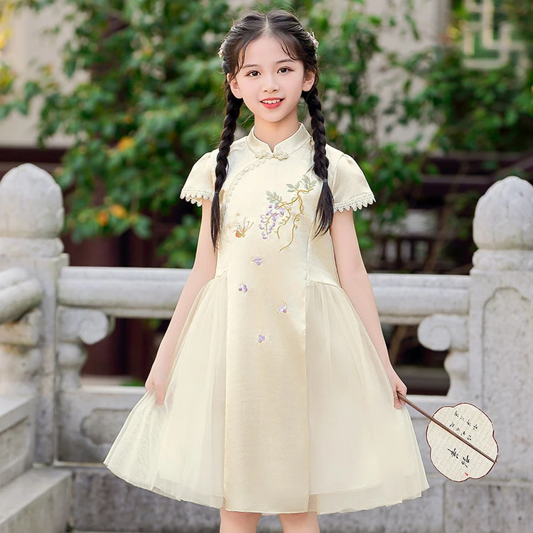 儿童复古旗袍国风夏季洋气公主女童仙气学生中式薄款古风绣花