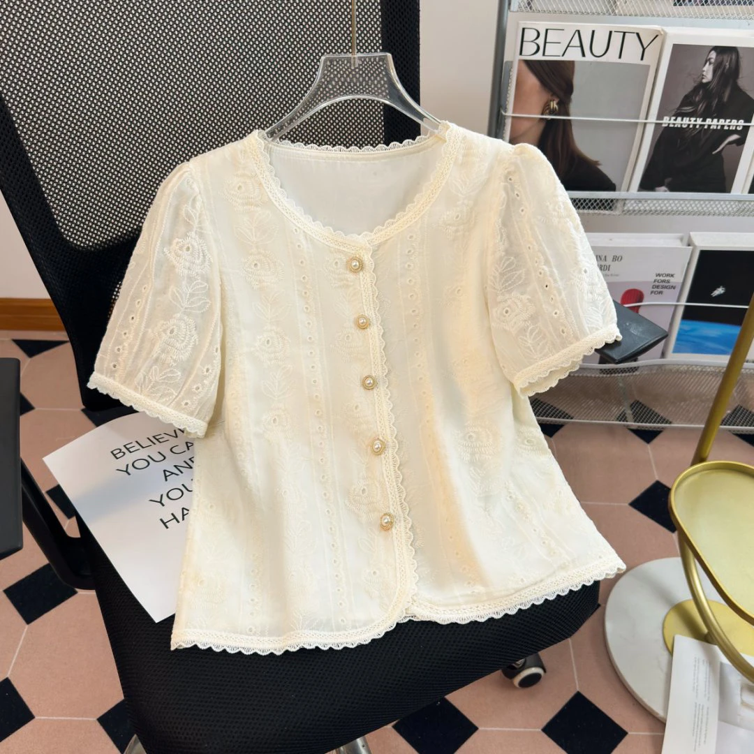 法式小香风短袖蕾丝衬衫女上衣2025夏新款小个子爆款洋气时髦小衫