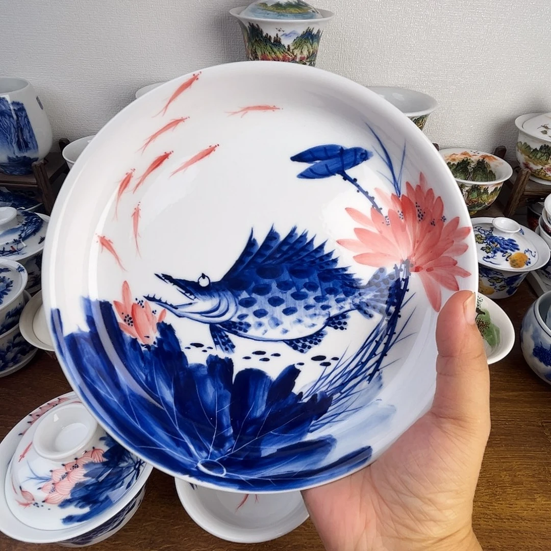 忠意堂釉下彩荷花鳜鱼壶承