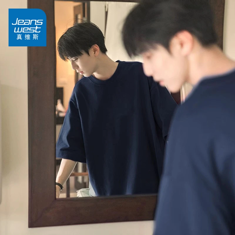 真维斯藏青色短袖t恤男2025新款夏季潮流宽松体恤美式正肩五分袖