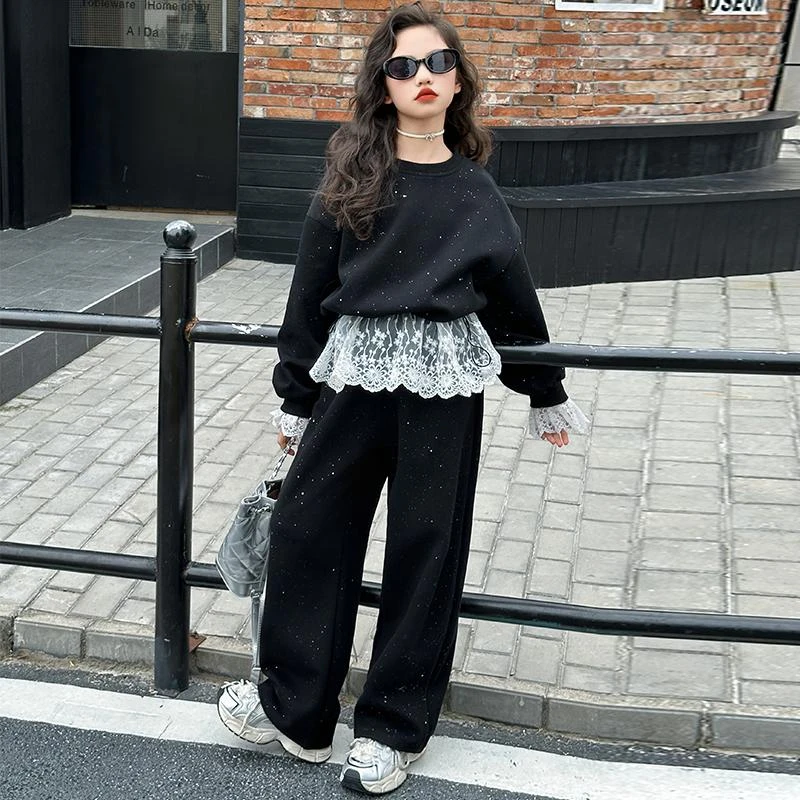 女童蕾丝撒银套装2025春季新款洋气时髦中大童装春秋卫衣卫裤套装