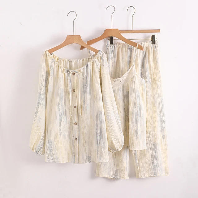 夏季长袖蕾丝花边吊带三件套睡衣女纯棉纱布春秋薄款全棉家居服套