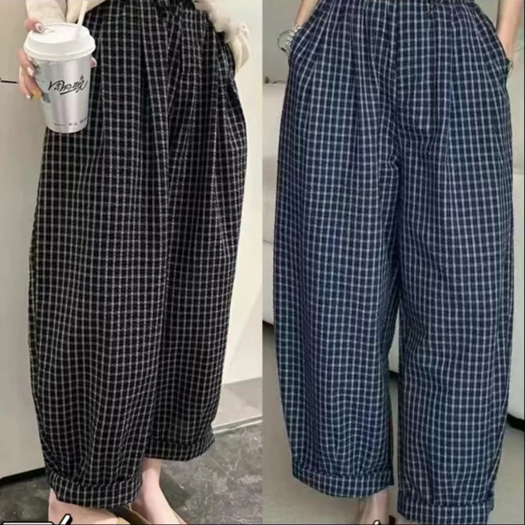 夏季泡泡棉格子直筒裤阔腿裤中腰休闲裤直筒格子裤休闲松紧腰