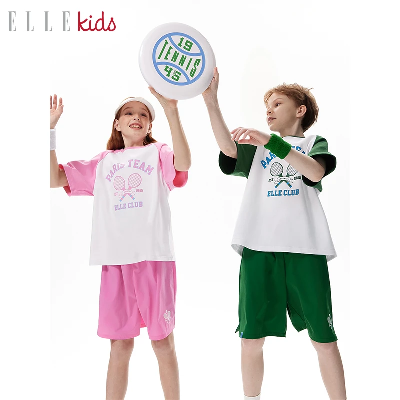 ELLEkids男女童撞色插肩袖印花短袖2024春上新儿童运动T恤C3