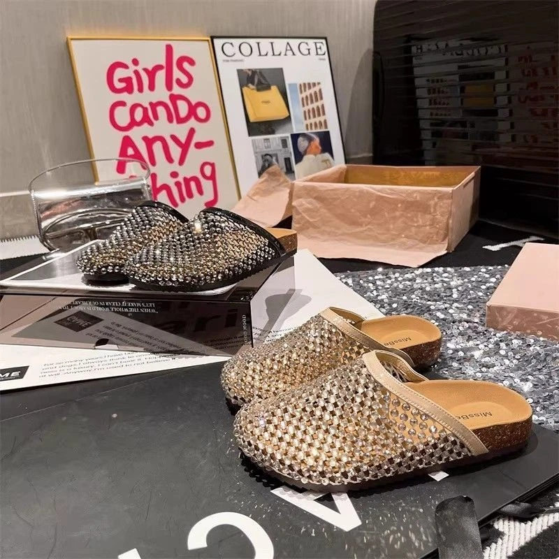 懒人一脚蹬沙滩凉拖鞋网面厚底闪水钻2025夏季新款外穿包头半拖鞋