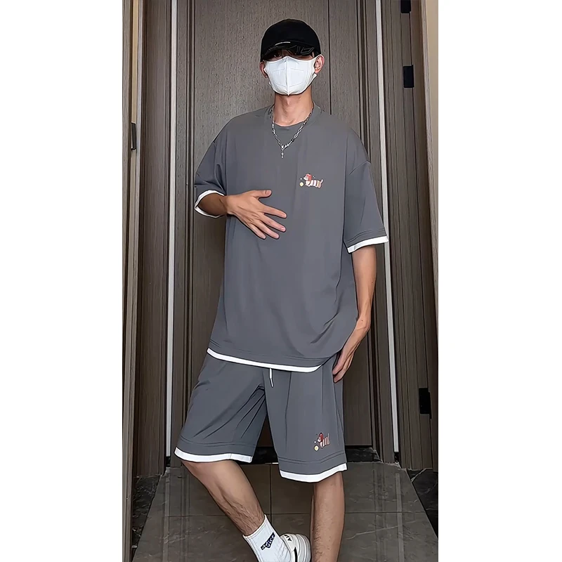 痞帅假两件短袖t恤男生夏季美式潮牌一套搭配青少年帅气休闲套装