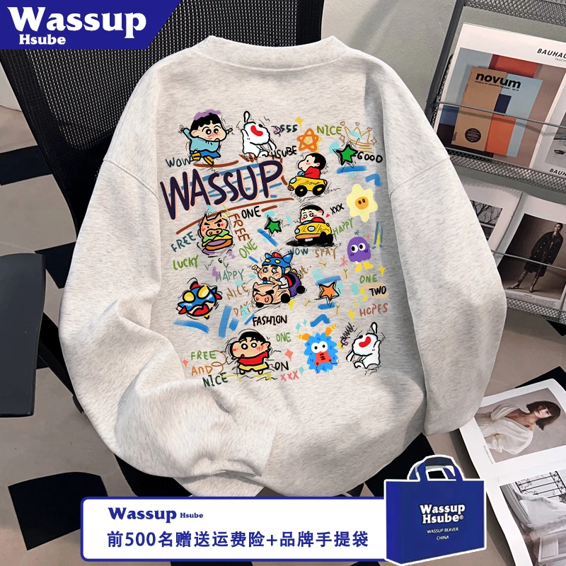 WASSUP HSUBE卡通小新印花T恤ins秋季白灰色上衣男女新款纯棉长袖