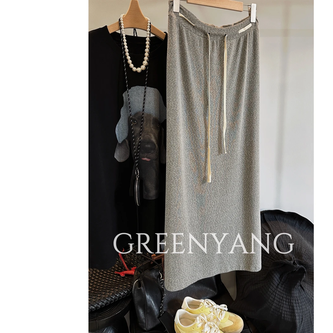 老羊家~韩版抽绳百搭显瘦A字长裙2025高腰垂感开叉半身裙女款夏季