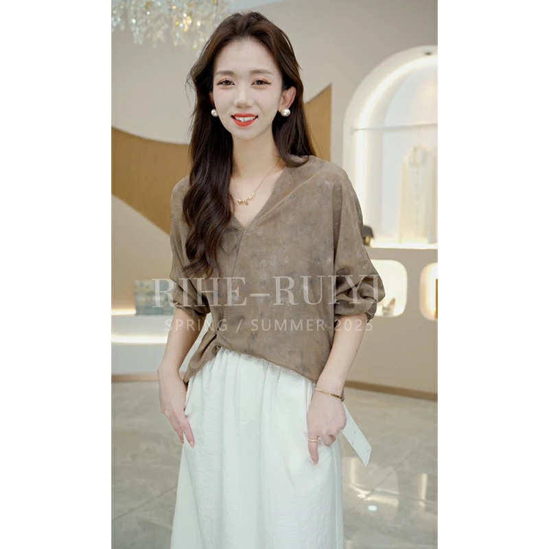 R H 温婉国风!2024气质显瘦设计印花双绉桑蚕丝衬衫152S3700-2