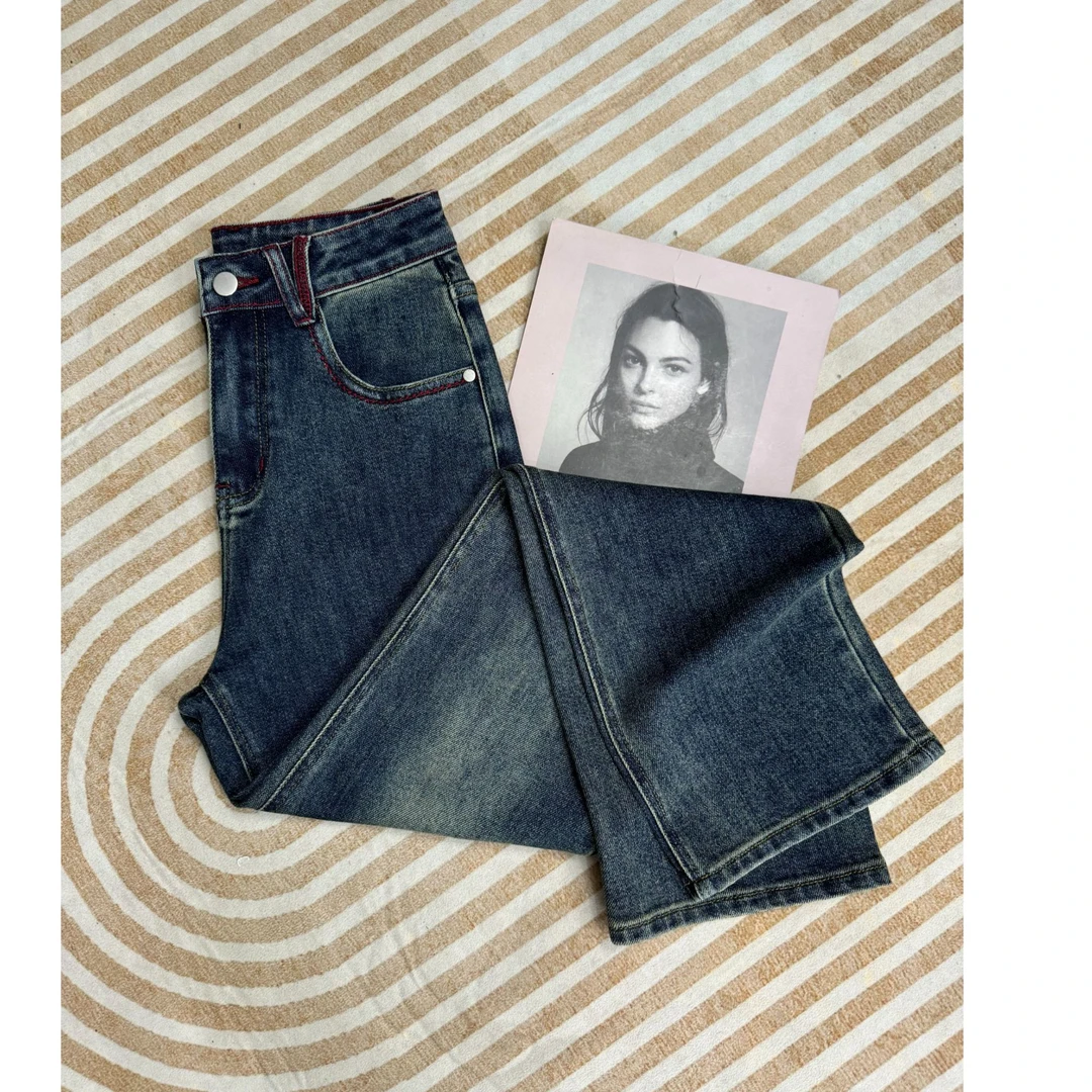 【红妆素裹】春季新款高腰窄版直筒裤显瘦百搭时尚女士牛仔裤