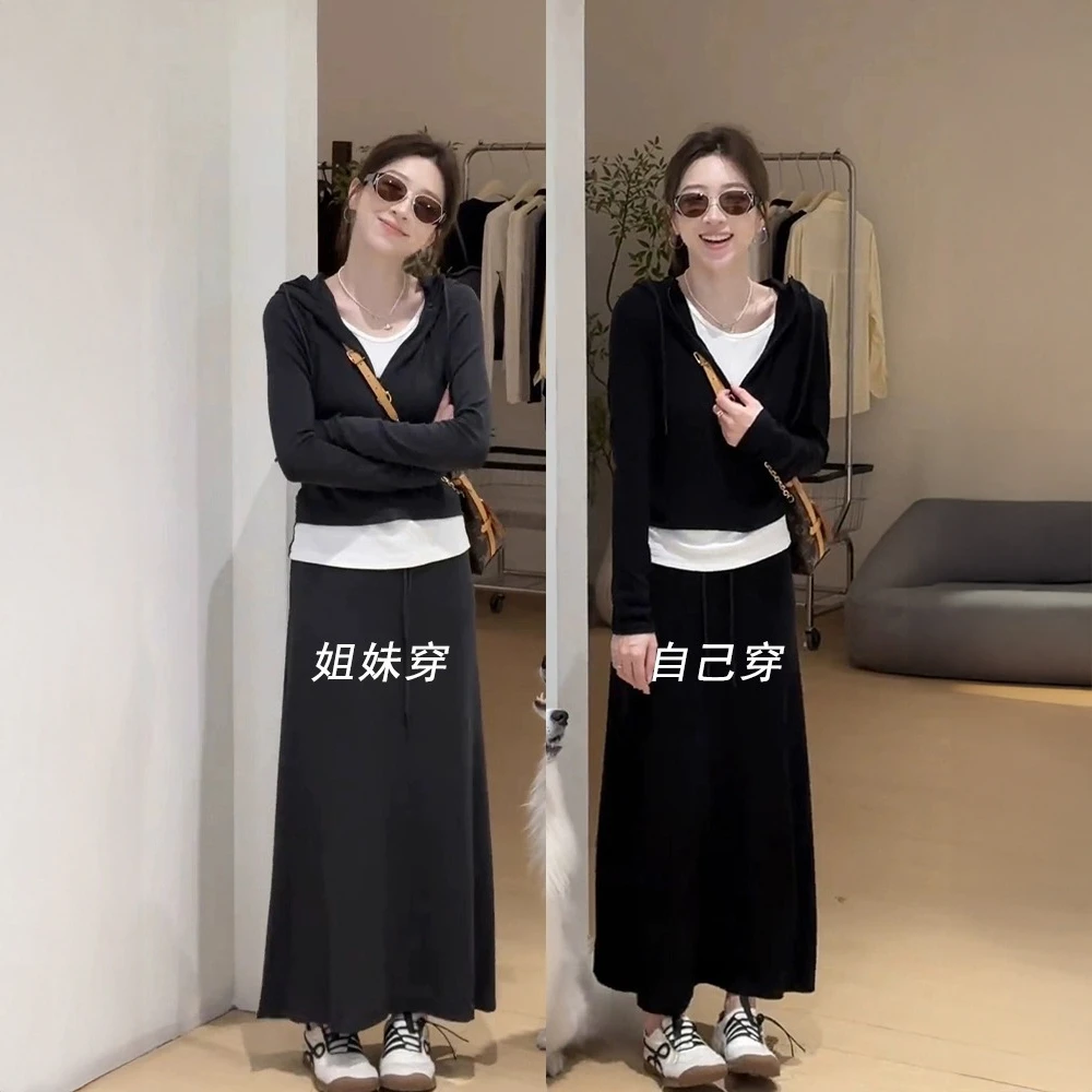 早秋穿搭一整套韩系高级设计感假两件连帽长袖卫衣高腰半身裙套装