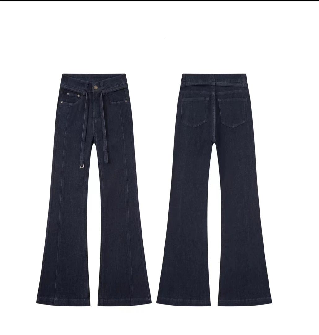 夏季薄款原牛蓝大牌腰带设计垂坠提臀显瘦不掉色筒喇牛仔裤女