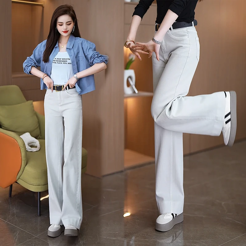 莫兰迪灰牛仔裤阔腿裤女2025春夏新款高腰显瘦宽松百搭窄版直筒裤